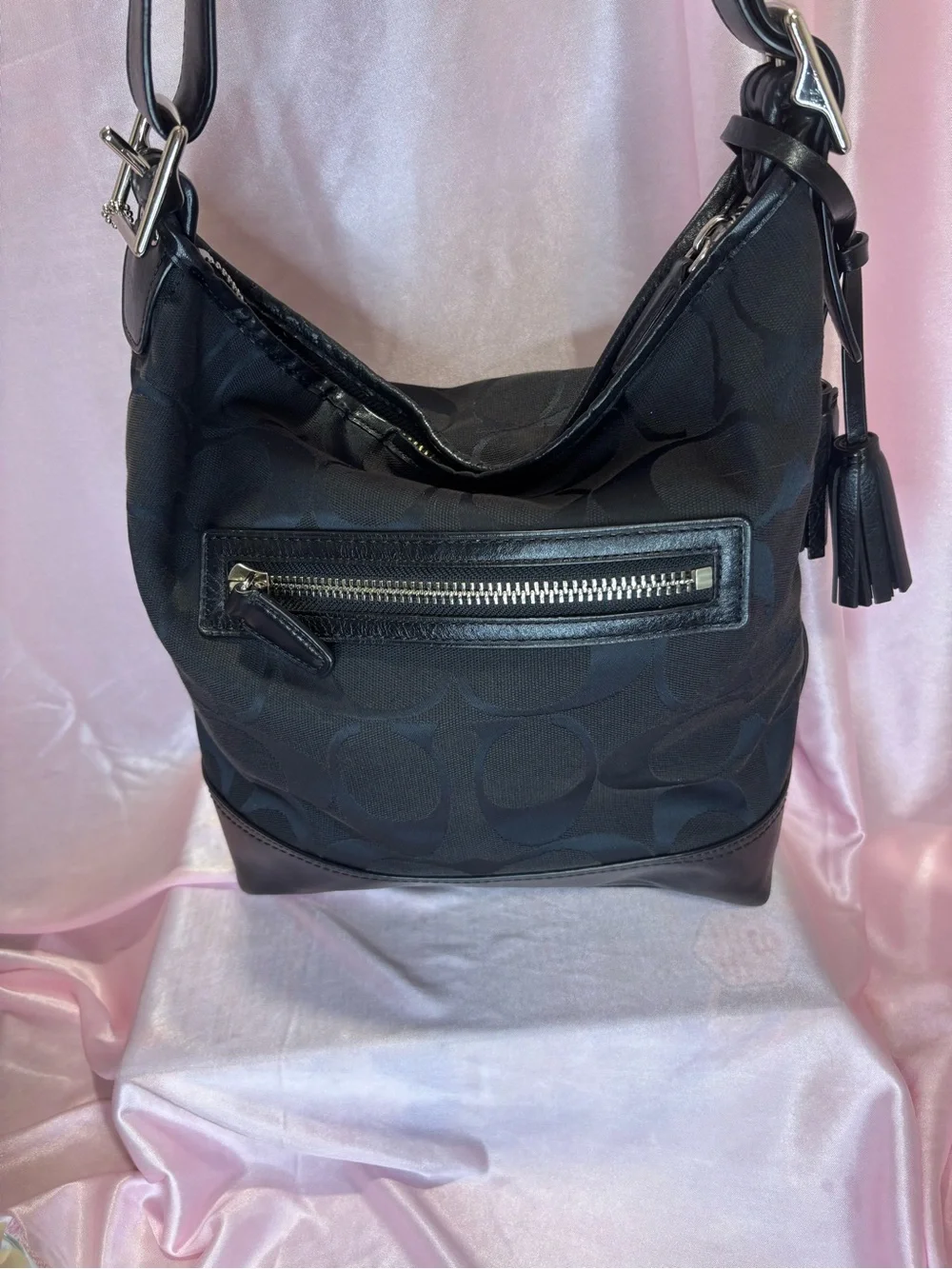 Coach Black Signature Hobo with Tassel Detail